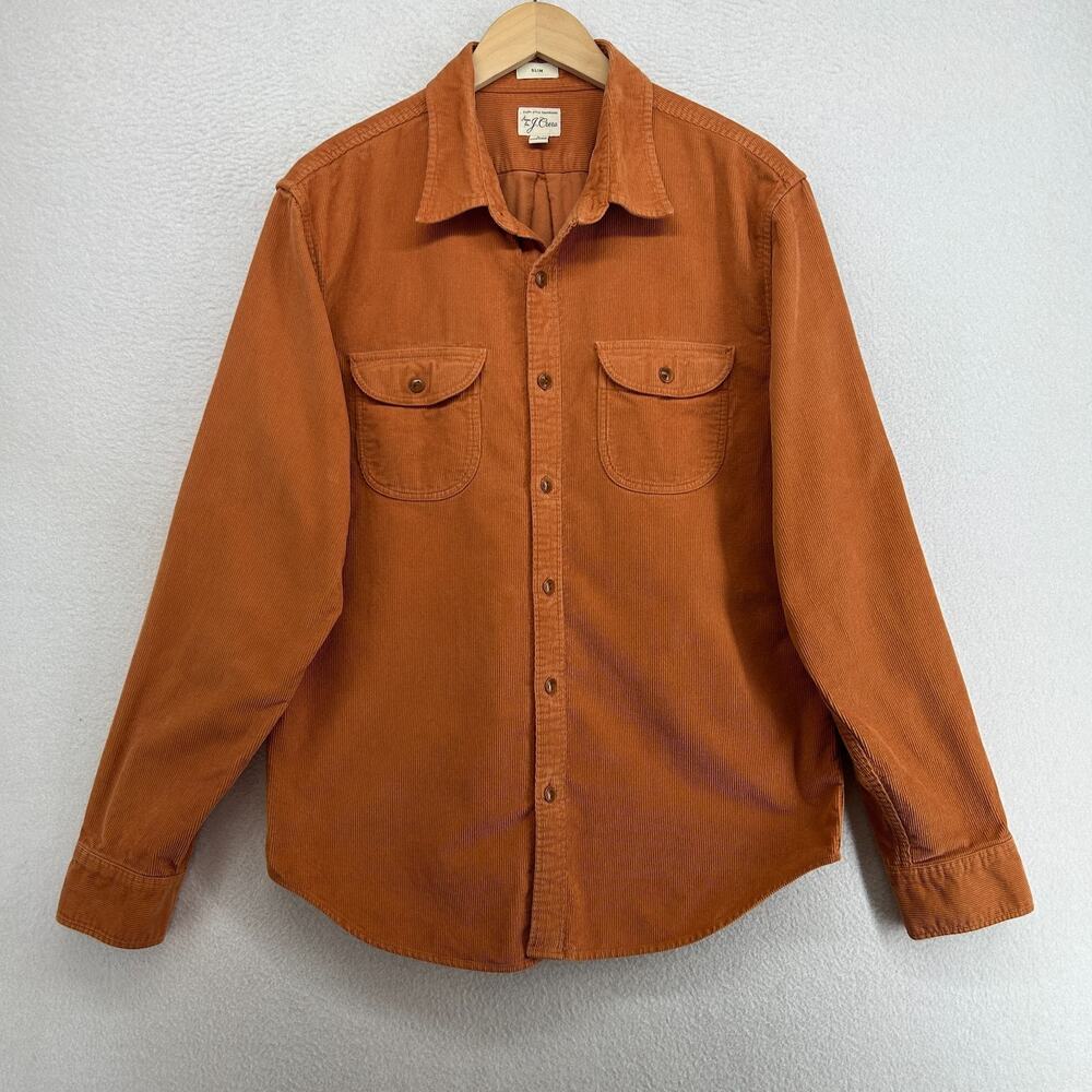 J.CREW Shirt Mens L Corduroy Slim Fit Button Up Utility Overshirt Cotton Orange